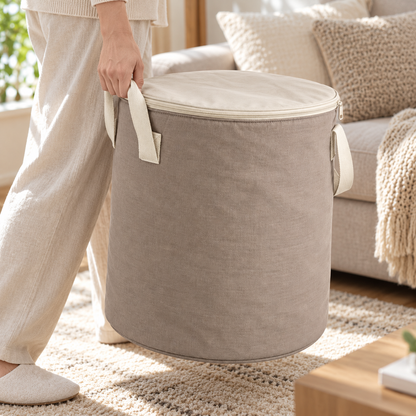 Livesoare Round Fabric Storage Bag with Zippered Lid & Side Handles