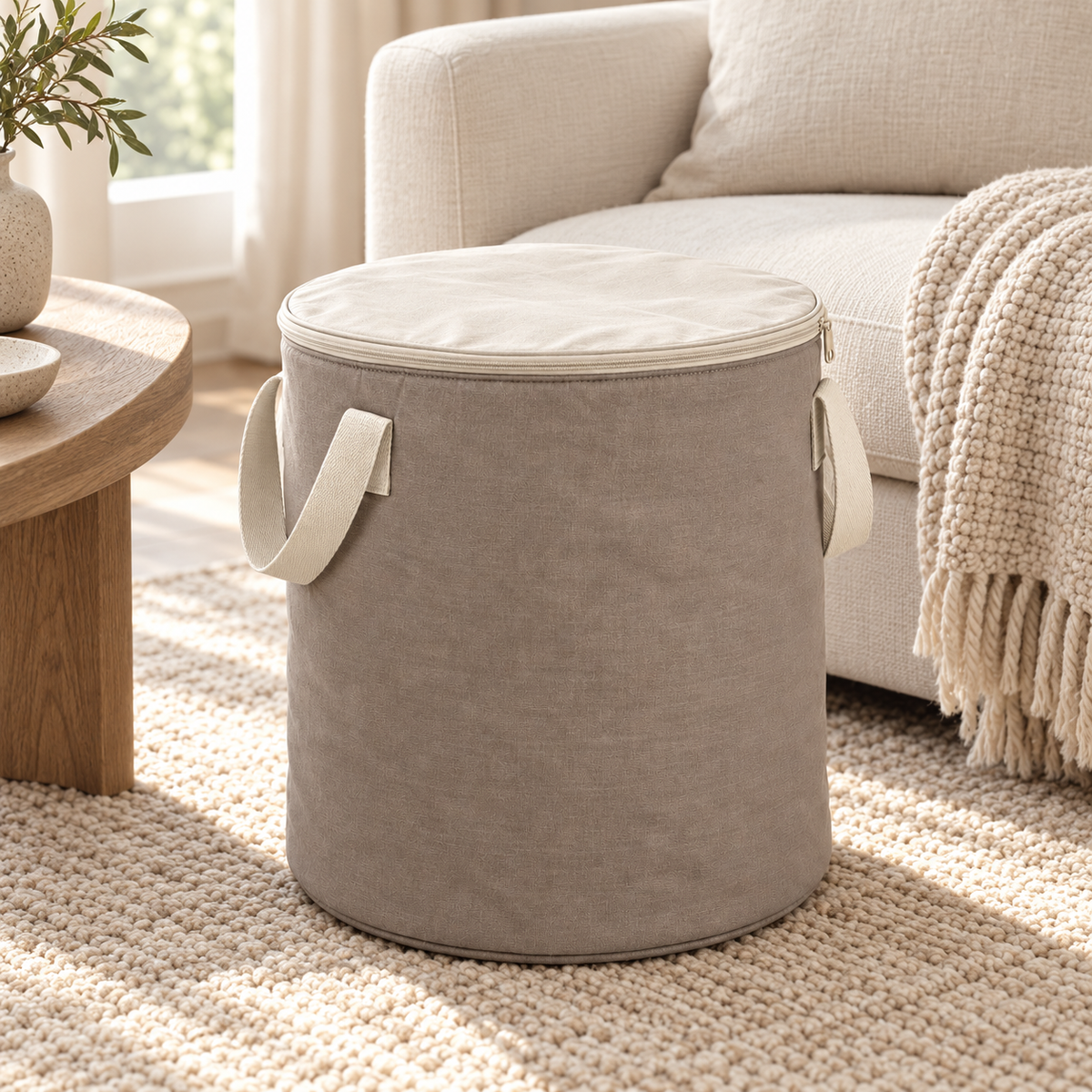 Livesoare Round Fabric Storage Bag with Zippered Lid & Side Handles
