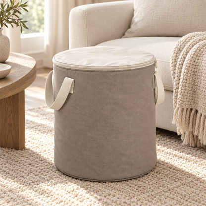 Livesoare Round Fabric Storage Bag with Zippered Lid & Side Handles